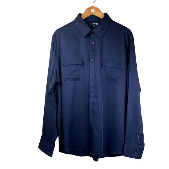 Murano NWT Slim Fit Sateen Navy Blue Lyocell Long Sleeve Button Up Shirt - Picture 1 of 10
